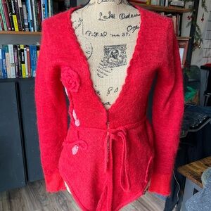 Chic Red Women's Cardigan with Floral Accents